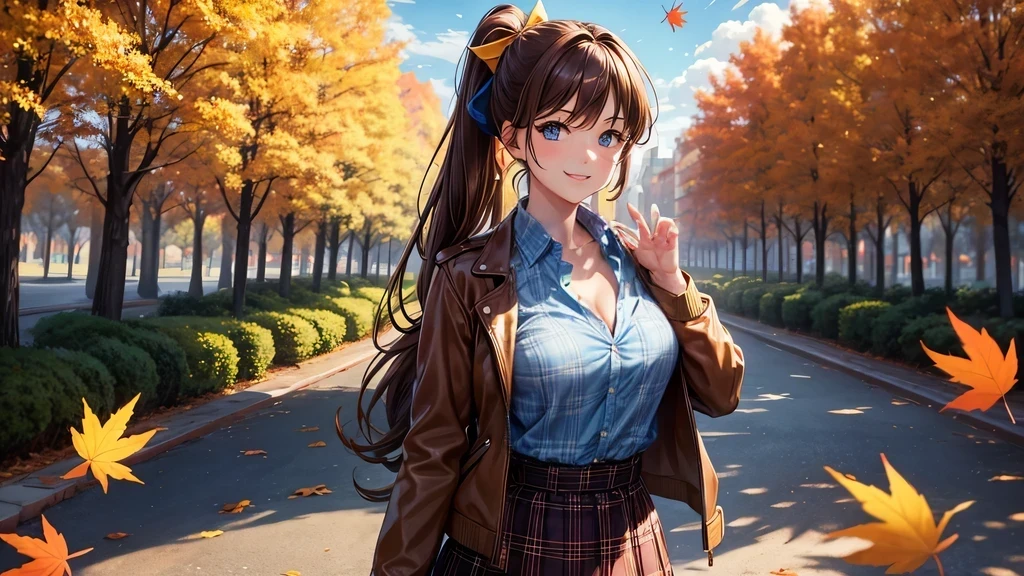 1girl, solo, trees, sun, clouds, autumn, colorful trees, falling leaves, ((brown hair)), ponytail, large breasts, ((brown leather jacket)), button down shirt, ((blue checked shirt)), ((unbuttoned shirt)), unbuttoning buttons, cleavage 1:3, blue eyes, long skirt, brown boots, smile, happy, looking at the viewer, walking, hair ribbon, golden necklate
