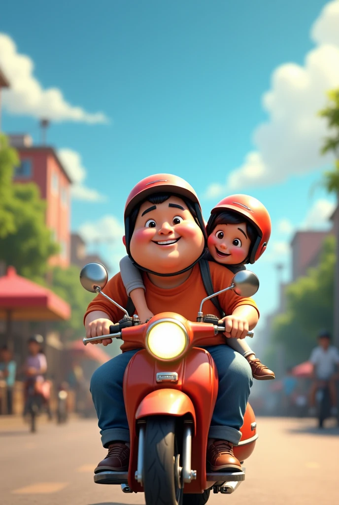 Fat guy carries his cute girlfriend on a motorbike wearing a helmet around Vietnam, Vietnam map in the sky PhotosAnimation