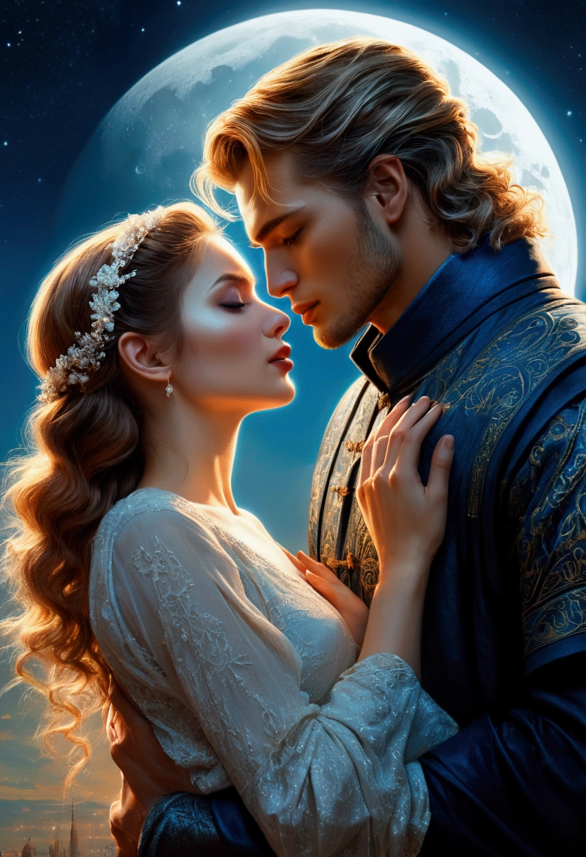 Moonlit Confession, lovers, by Karol_Bak, cinematic still, dynamic movement, surreal, (best quality, masterpiece, photorealistic), very aesthetic, perfect composition, intricate details, ultra-detailed, vivid colors