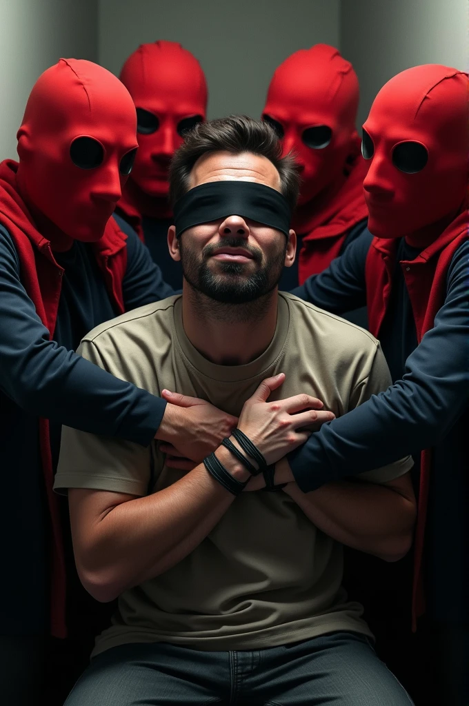 Some people in red masks are tying up a man blindfolded with a black ribbon. And one covered his mouth with his hand