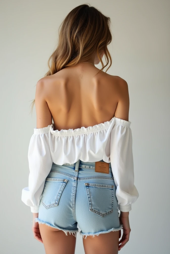A woman without a blouse and denim shorts, white color and very beautiful.