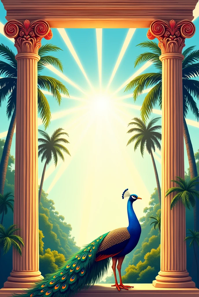 Award certificate for sports fest with four sun rays, peacock and coconut tree and corinthian column