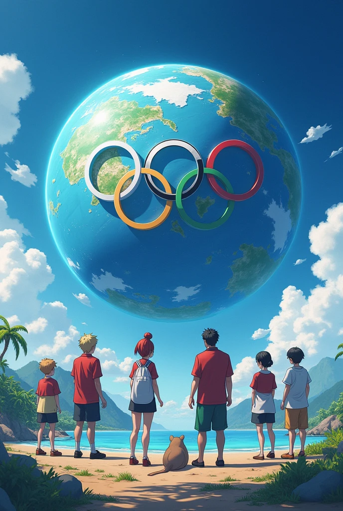 several anime characters around an Olympic themed planet and place the Olympic logo on the planet