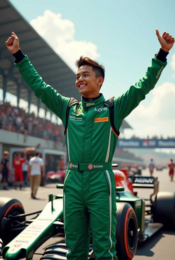 Formula 1 filipino racer with green suit celebrating