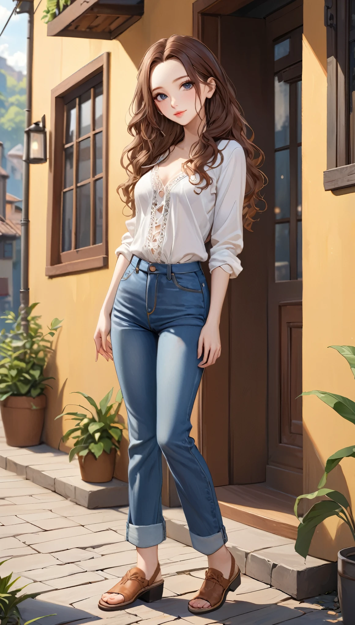 ((best quality, masterpiece:1.3, 8K)), (detailed), highly detailed face and skin texture, detailed eyes, full body, outdoor, (slender body:1.1), 1girl, (solo), (18+ years old), white skin, bright lips, seductive smile, long hair, forehead, brown hair, wavy hair, boho outfit, medium breast, (jeans pants),