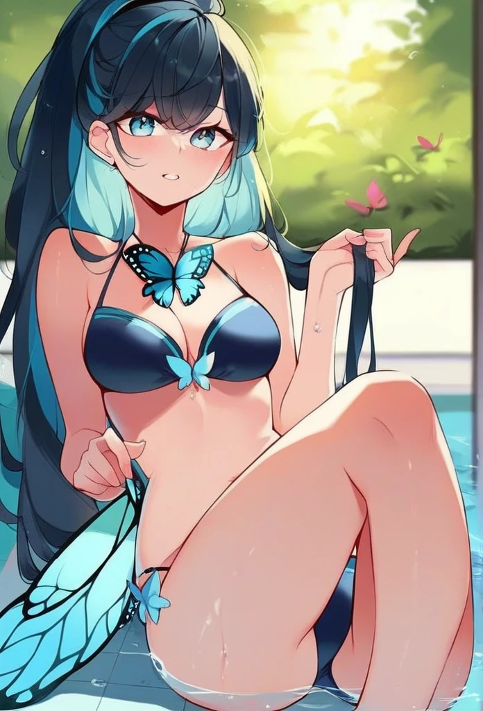 juder_style, score_9, score_8_up, score_7_up, score_6_up, score_5_up, score_4_up, hd, (ultra hd quality details), 8K, 1girl, long hair, Hourglass body, light blue eyes, dark indigo hair, 2d illustration, pool, bikini, large butterfly wings back
