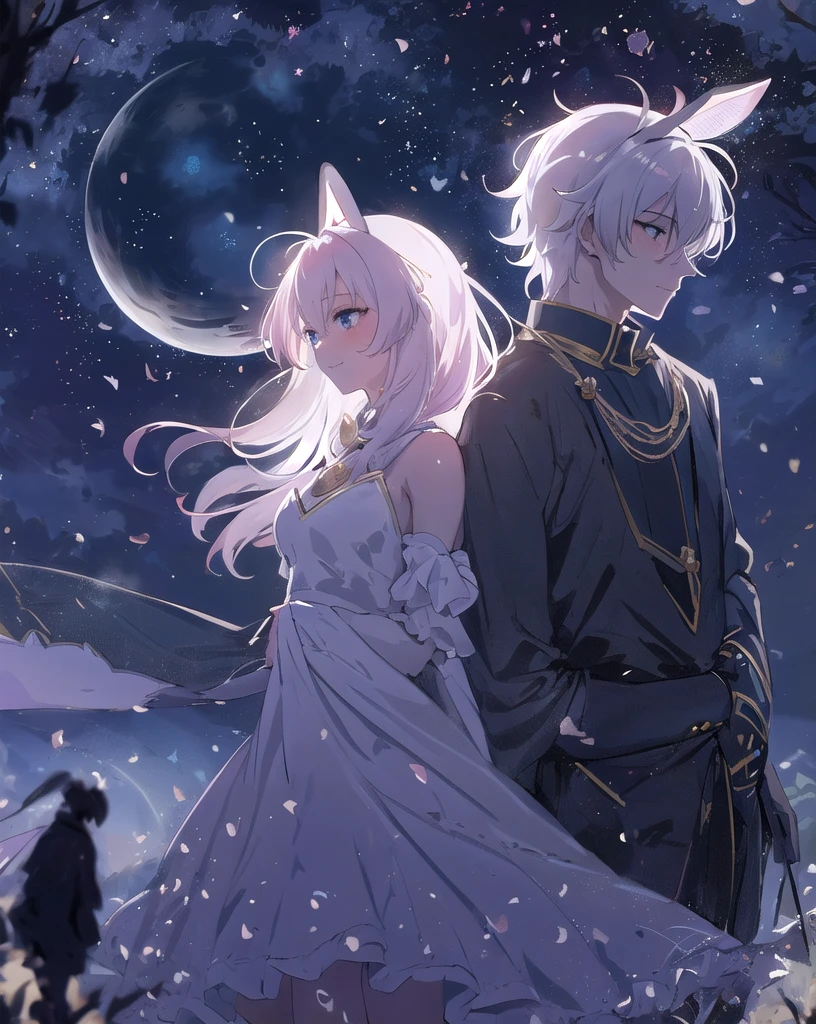 masterpiece, Highest quality, 1 girl and 1 man, Silhouette of a man, They are staring at each other, Small breasts, ((Under the moonlight, beautiful milky way)), Wearing a dress, skirt, フレアskirt, smile, Anime Fantasy, Flowing white hair, Fantasy Anime,Bunny ears:1.5, Ethereal Anime, Beautiful anime art, Beautiful digital art, Anime Fantasyアートワーク, Anime Fantasyアートワーク, Sheet