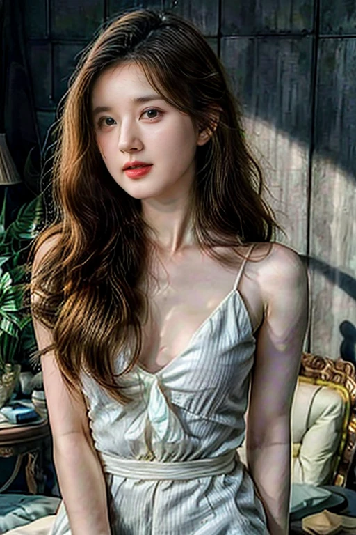 Top quality, RAW Photo, Highest Quality Image, 16K, Full body, Age 22 years old, Realistic, Photorealistic, Beautiful Asian woman, Sexy, body, White pale skin, Beautiful hair, Wavy hair, Brown Hair,, Short hairstyle, Detailed face, Detailed body, Detailed skin, Double eyelids, Big eyes, long eyelashes, bright eyes, green eyes, natural lips, detailed lips, Saggy breasts, Very Small breasts, Flat Breasts, long shape breasts, posing in bedroom studio, sunny day light, wearing white see through white shirt with all unbuttoned, no bra, Camera angle from below