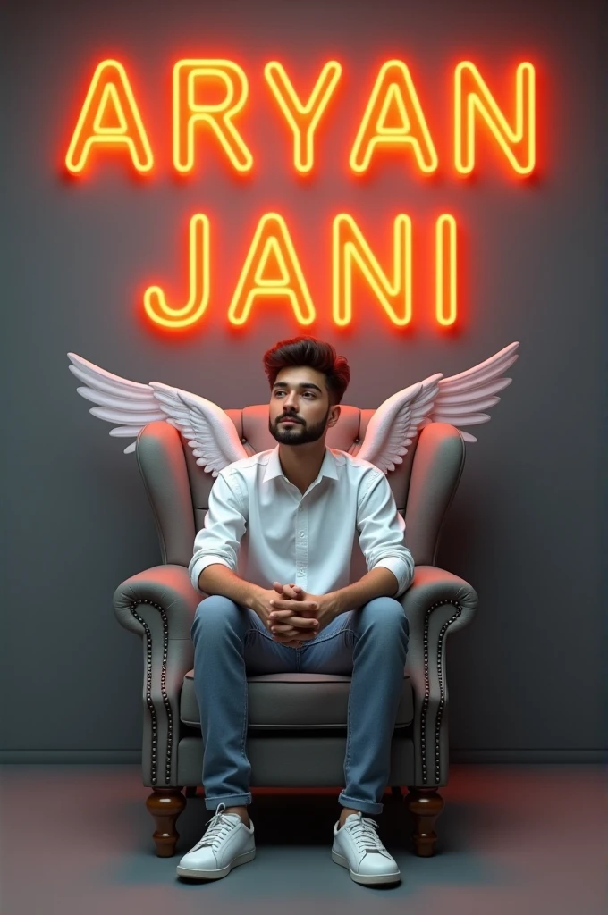 Creat a 3d illosion a propile picture were a25 year old cute boy in a white shirt casually on a wingback chair Waring sneakers he looks a headthr background features Aryan jani in big and capital oring neon lighter fonts on the dark gray wall the should not be his shadow and there are wings to make it appear as if he is an angel .