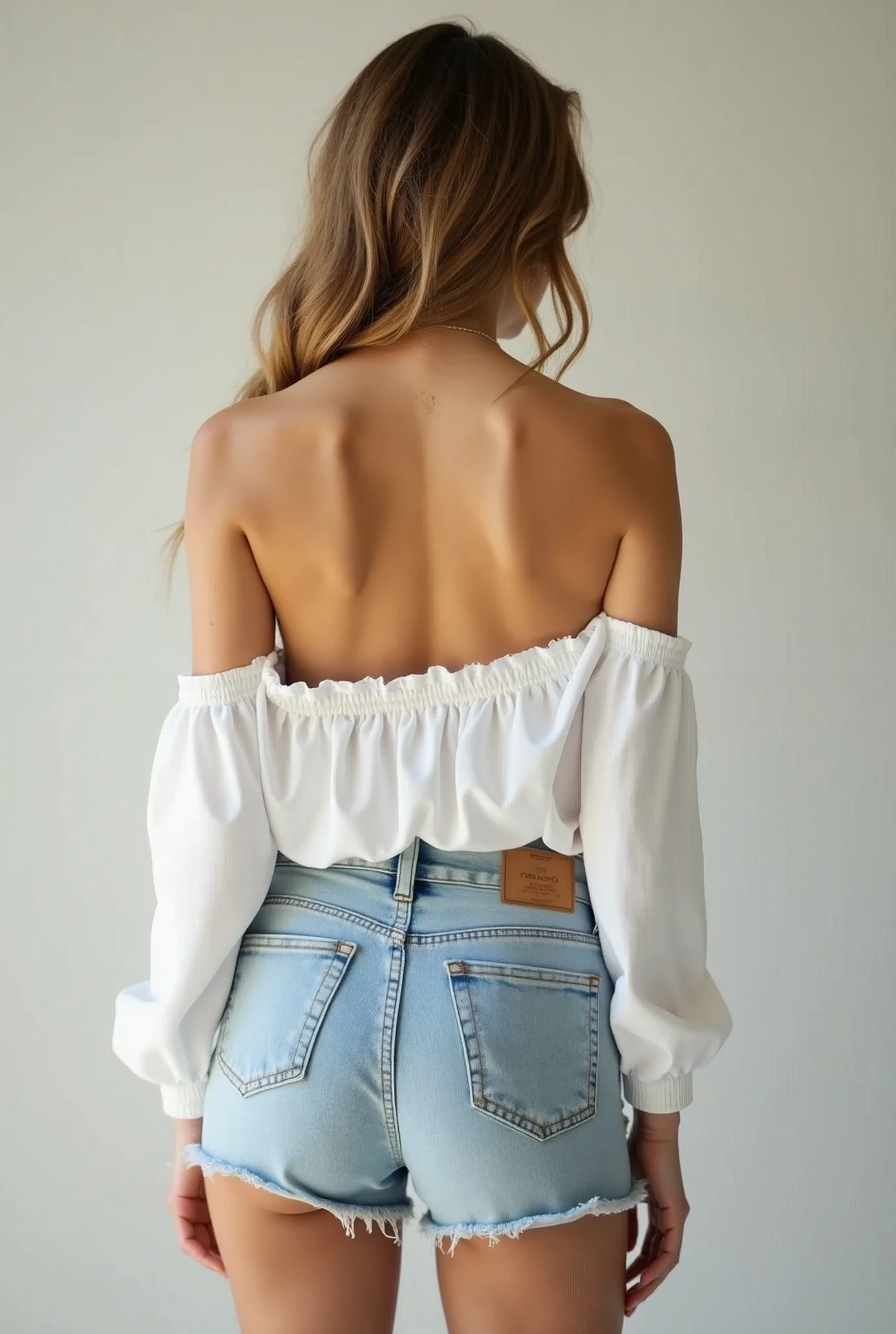 A woman without a blouse and denim shorts, white color and very beautiful.
