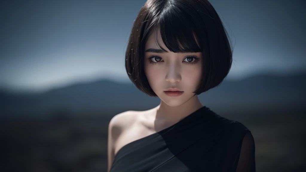 Delicate and dainty young woman with shiny bob-cut black hair . She is wearing black dress. The background is a fantastic and ethereal night sky that seems to be haunted by a specter. Her expression is stern and atmospheric. Angle from directly below.