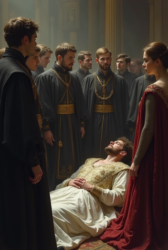 King dead people mourning, queen pretending to be sad but she is happy