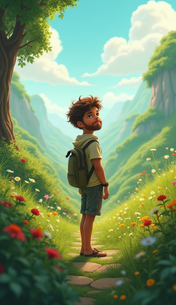 A young boy with little beard 5.8"hight enjoying in beautiful lands