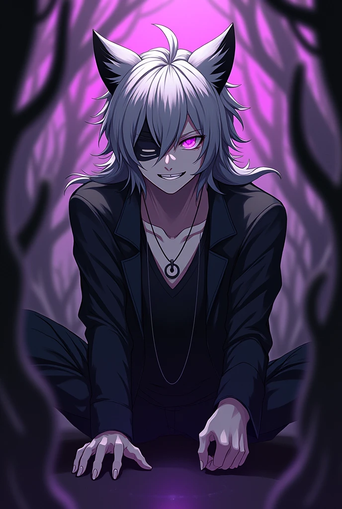 I want a character with monochrome, one black eye and the other purple, half gray around the eye, he has a black mark, he has gray hair with black highlights, he has wolf ears, make him smile with wolf feet, he is full of rwios black character is male and in the anime style don't forget to make the rays black