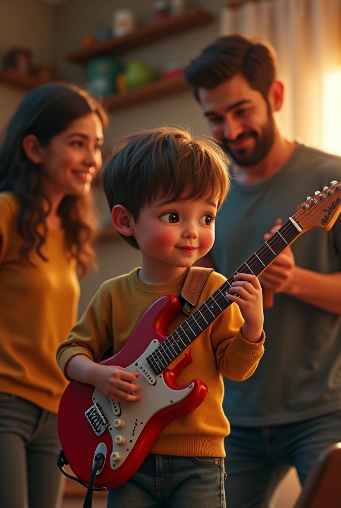 Child playing electric guitar, with your parents.