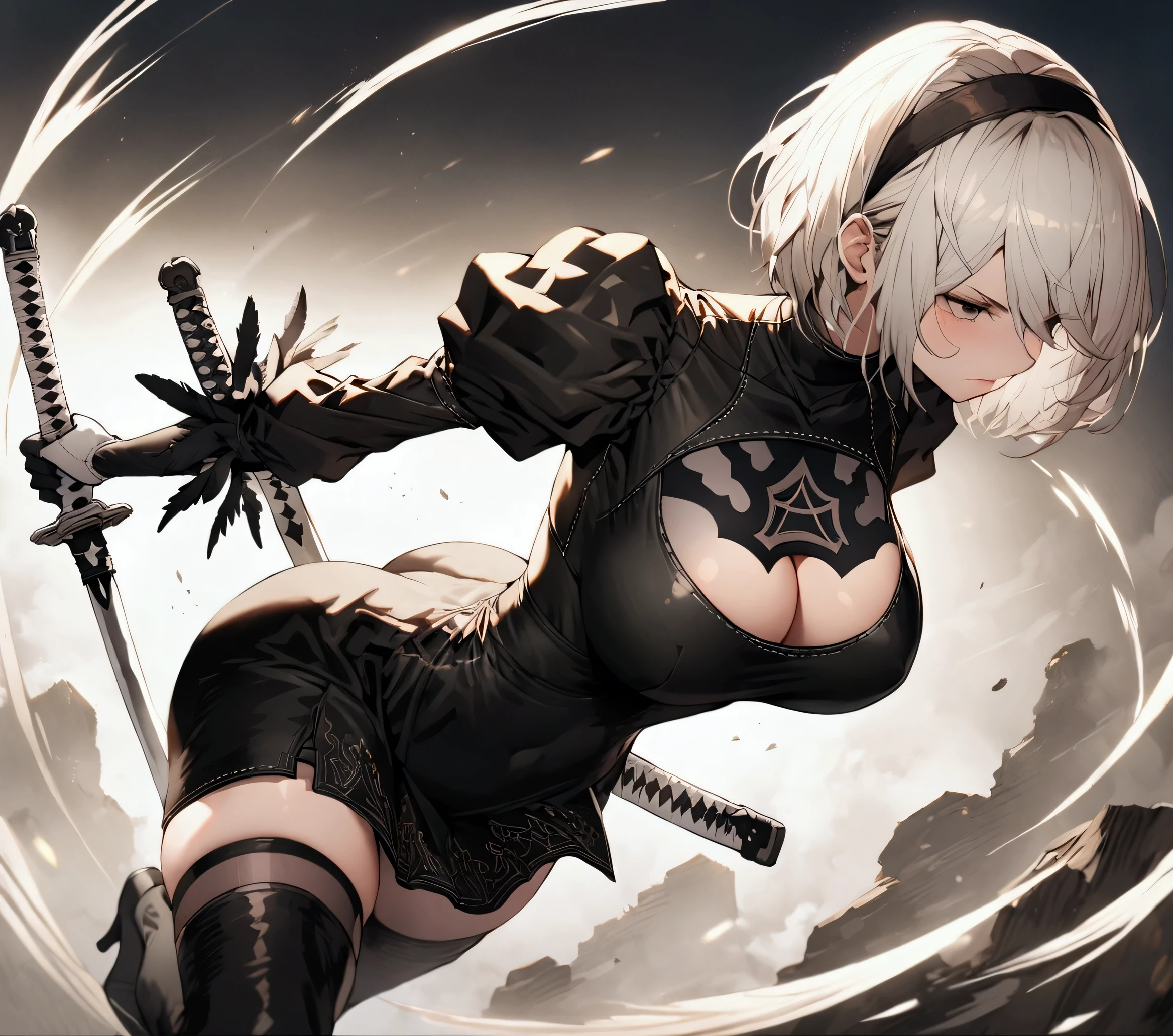 Best Quality, 2B Nier Automata, with huge breasts suit, Whole body, fought, with katana