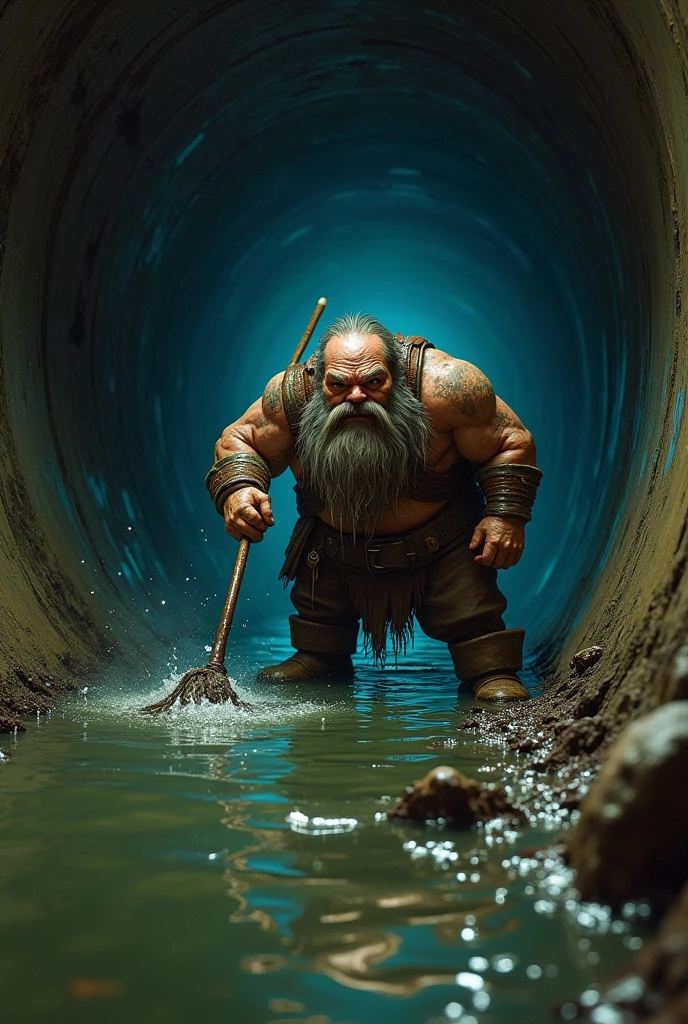 A dwarf deep inside the dirty pipe with stagnant water cleaning with a mop in his hand