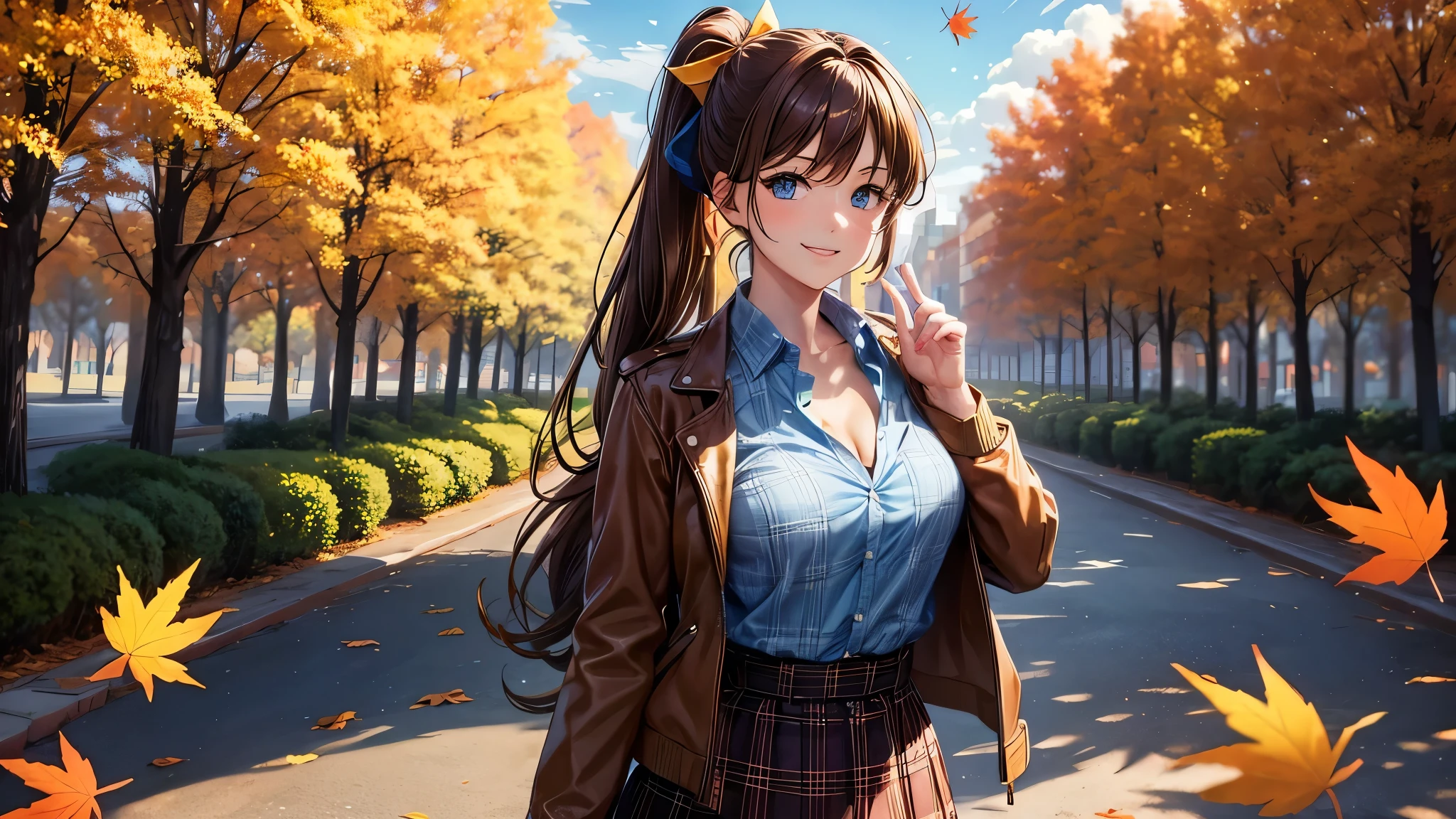 1girl, solo, trees, sun, clouds, autumn, colorful trees, falling leaves, ((brown hair)), ponytail, large breasts, ((brown leather jacket)), button down shirt, ((blue checked shirt)), ((unbuttoned shirt)), unbuttoning buttons, cleavage 1:3, blue eyes, long skirt, brown boots, smile, happy, looking at the viewer, walking, hair ribbon, golden necklate