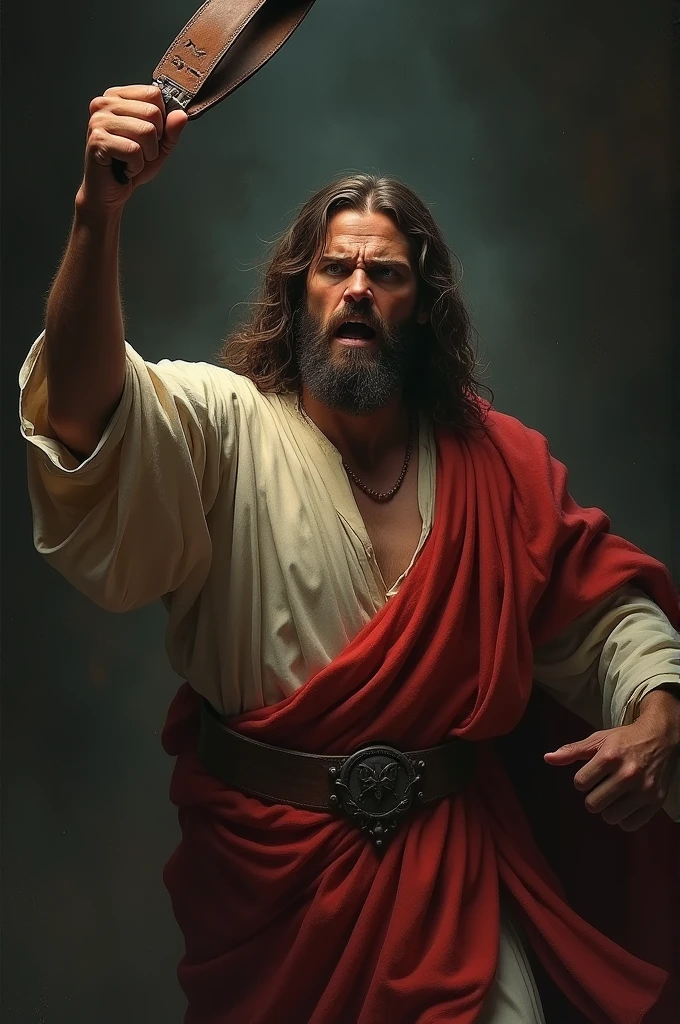 Jesus threatening with a belt