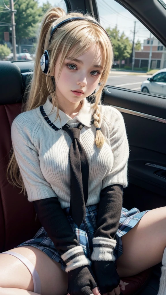 Cute schoolgirl Lyvlas sits in the back seat of a car and looks out the window 1 girl, bang, blonde hair,tape, Ponytail, parted lips, headphones, anime style, black mitts striped leg warmers