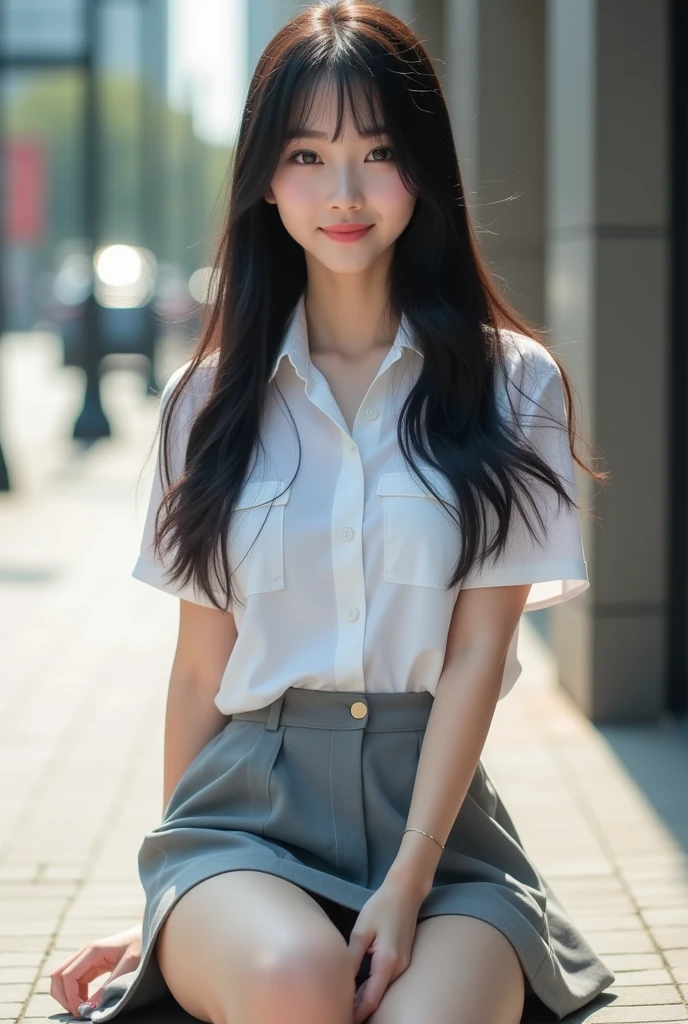 ((best quality, 8K, masterpiece: 1.3)), beautiful girl, pure, melon face, kind and cute, sweet smile, pure desire, slender body, (front), (tilted head), white shortsleeve collar shirt, open shirt, grey platted micro skirt , long black silky straight hair, windy hair, long flowing shoulders, round black big eyes, clear big eyes, moist red lips, sweet, sitting on city street, ((((whole body)))), sexy long legs, small breast, lift your own miniskirt, white slim silky slightly lacy panties, (small breasts:1.3), cameltoe, slim muscular body, (M-legs position:1.2), ((from below)), ((lifting you own skirt:1.3))