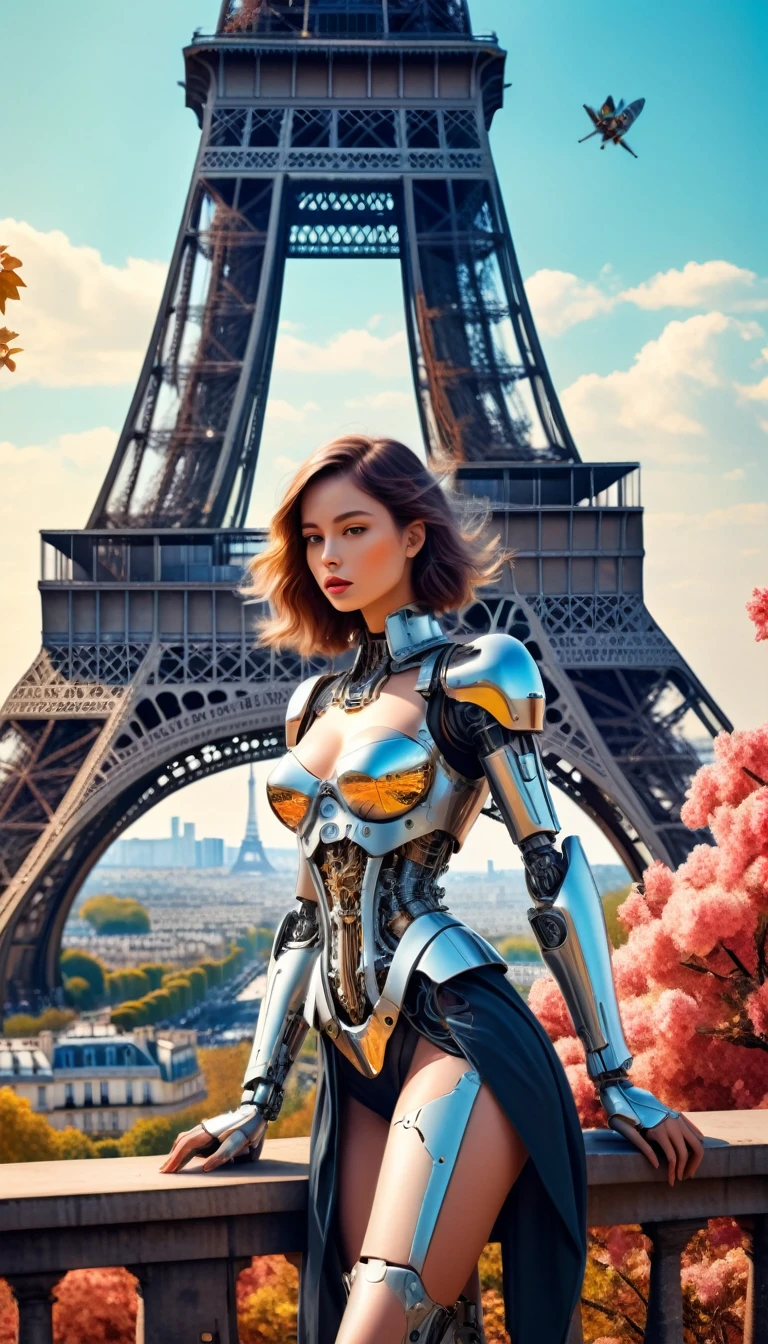 Intricate illustration in surrealist art style，mecha girl，french women, French Culture Style Cyborg, full background, View of the Eiffel Tower