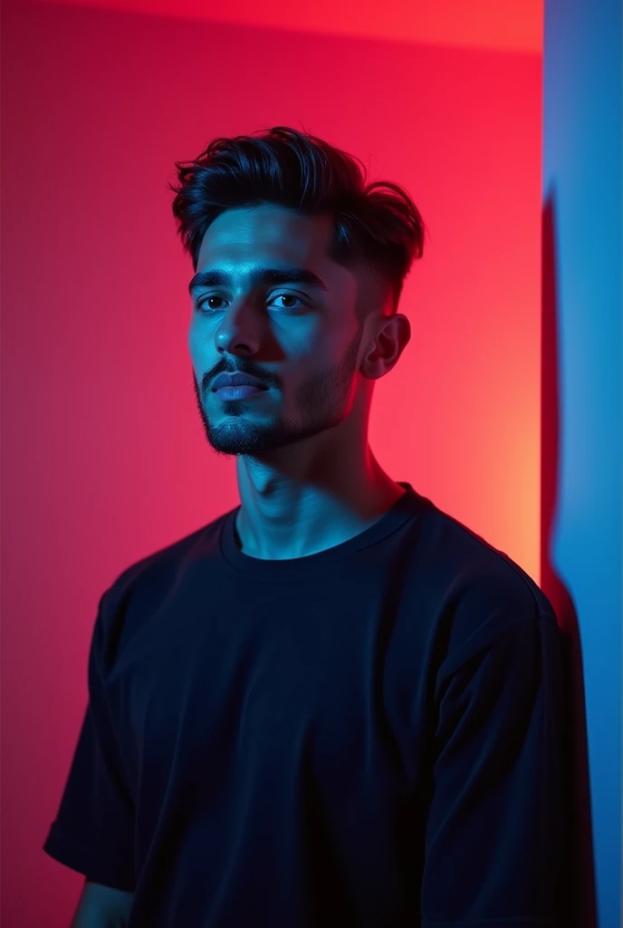 A boy with a little beard and age of 25 standing in a room with background of red and blue shade posing gor linked profile picture 