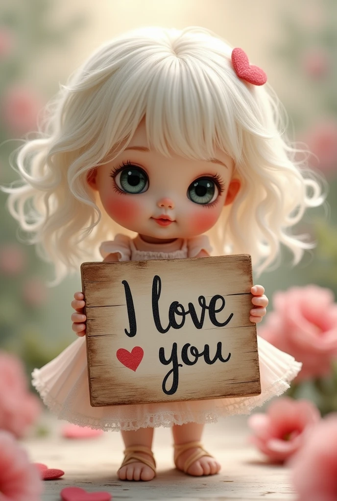 A doll holding a sign saying I love you