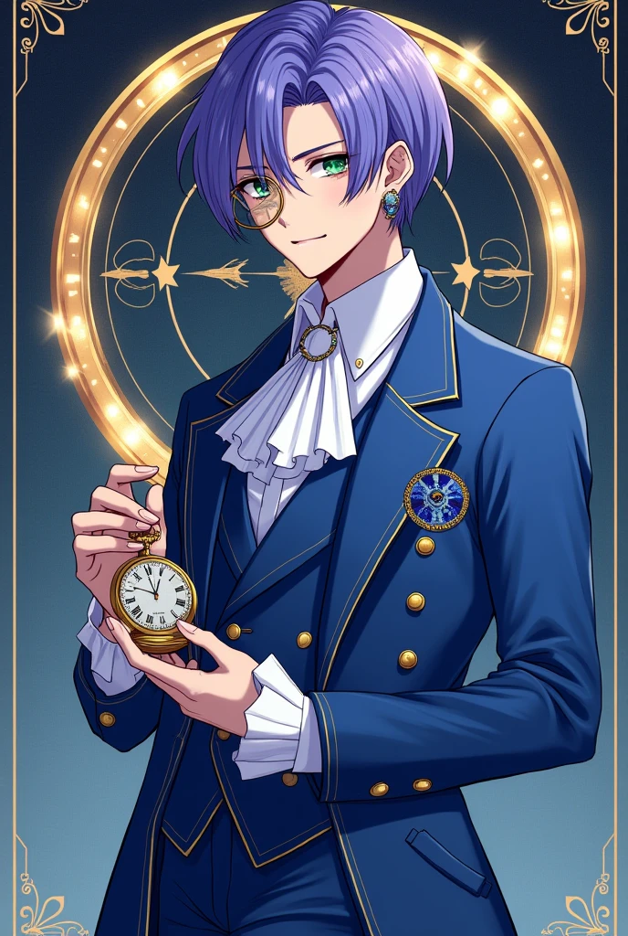 A young male Idol with neat and elegant purple-blue hair. Green eyes. Wearing a European-style performance Idol-outfit in blue and white, European suits combined with sexy Gothic and Baroque styles, stylized like a sexy unique fashion model, full of artistic personality. Wearing gold monocle quizzing-glass and holding a sapphire blue pocket watch. Earrings stylized to match the outfit. Wear high boots designed based on watches and spaceships.
On the background is the Deus ex Machina logo with the symbol of a time-traveling clock. The main color is #e8b923.
to see fullbody
