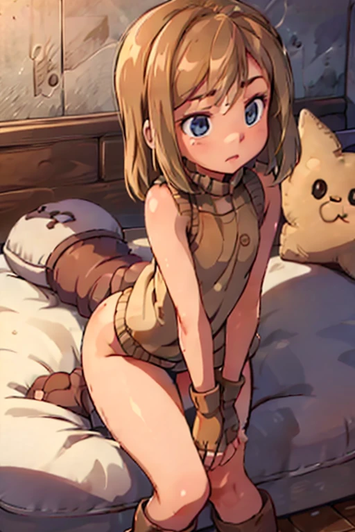 tennis girl's massive rear butt out of bottomless slutty mini sweater out bare and brown boots, showing her vagina, lying down on bed, wearing oven mittens under big pillow, blindfold