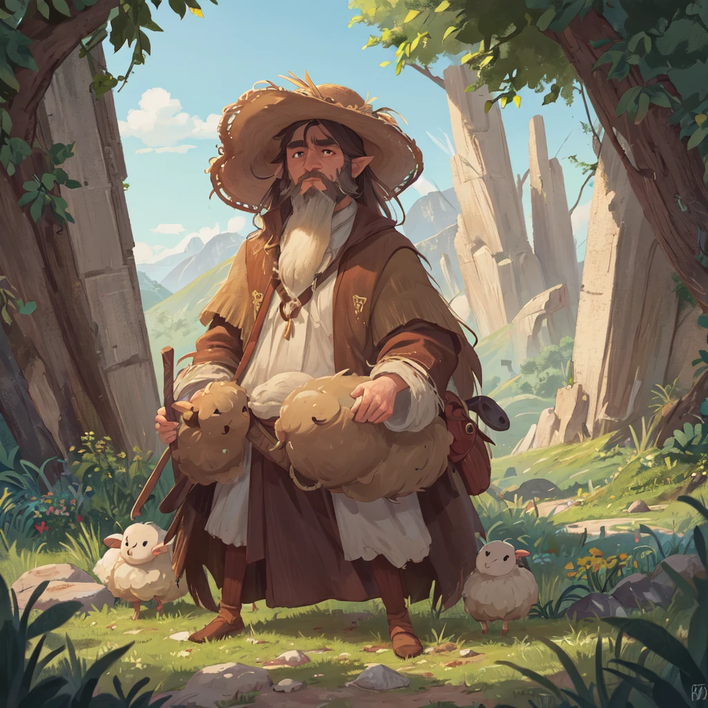 [Core Concept] An adult Moses, having fled Egypt, now serves as a sheepherder leading his flock through the rugged, sun-drenched hills of Midian.

[Character Description] Moses, a tall and weathered man with a long beard and piercing eyes, walks purposefully at the head of the flock, his shepherd's crook in hand as he guides the sheep through the winding paths.

[Environment/Background] The arid, rolling hills of Midian stretch out before him, dotted with scrubby vegetation and occasional rocky outcroppings. The sky is a brilliant, cloudless blue, casting a warm glow over the scene.

[Style and Atmosphere] The overall mood is one of solitude and contemplation, as Moses finds peace in the simple task of tending to his flock amidst the vast, serene landscape.

[Composition] The frame is dominated by the winding path leading the eye towards Moses, who stands tall and centered, the sheep fanning out behind him in a loose, meandering formation.

[Details and Embellishments] Sunlight glints off the wool of the sheep, and the distant mountains can be seen on the horizon, adding depth and scale to the scene. Moses' weathered features and the worn fabric of his robes suggest a life of hardship and experience.

[Technical Specifications] The image should be rendered with a realistic, painterly style, using a warm, earthy color palette to evoke the arid, timeless quality of the Midian landscape.