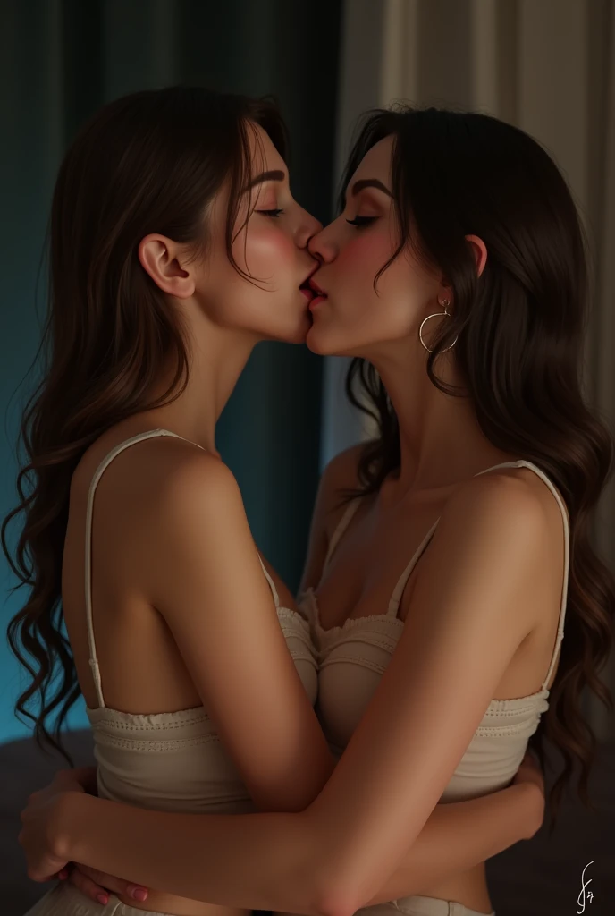 A lady kissing a lady with their tounges