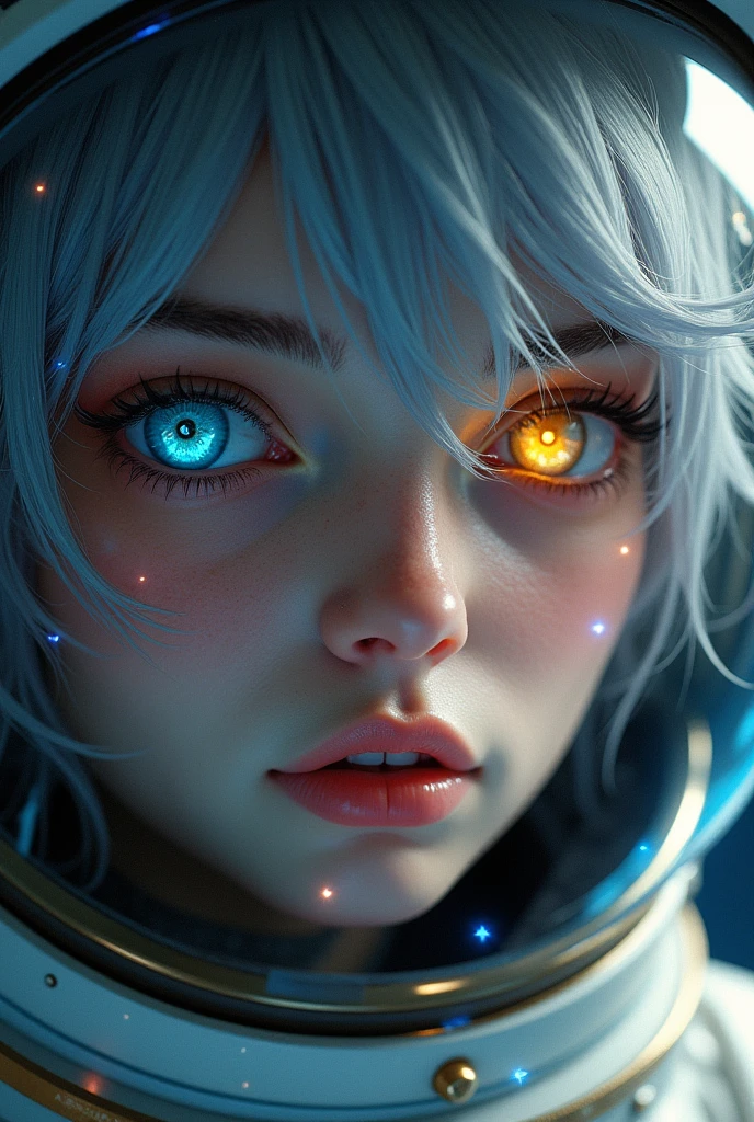 (Close-up of a better masterpiece:1.5)0.9], (Space and astronauts:1.2) (Messy silver hair:1.1) (Heterochromia xanthochromia and blue eyes:1.2) (Space Helmet:1.0) (Colored stars in the eyes:1.0) (A radiant glow:1.1) (thick lips:0.9)