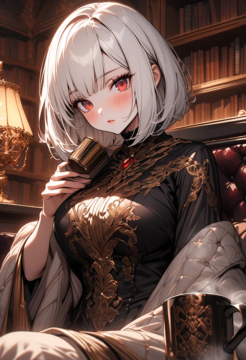 female, solo, close up, white hair, red eyes, mansion, gold, luxury, very large breasts, short straight hair, bob cut hair, library, blush, reading, short, simple luxurious clothes, lamp, steaming coffee mug, sitting, looking at viewer, curious, shawl, comfy