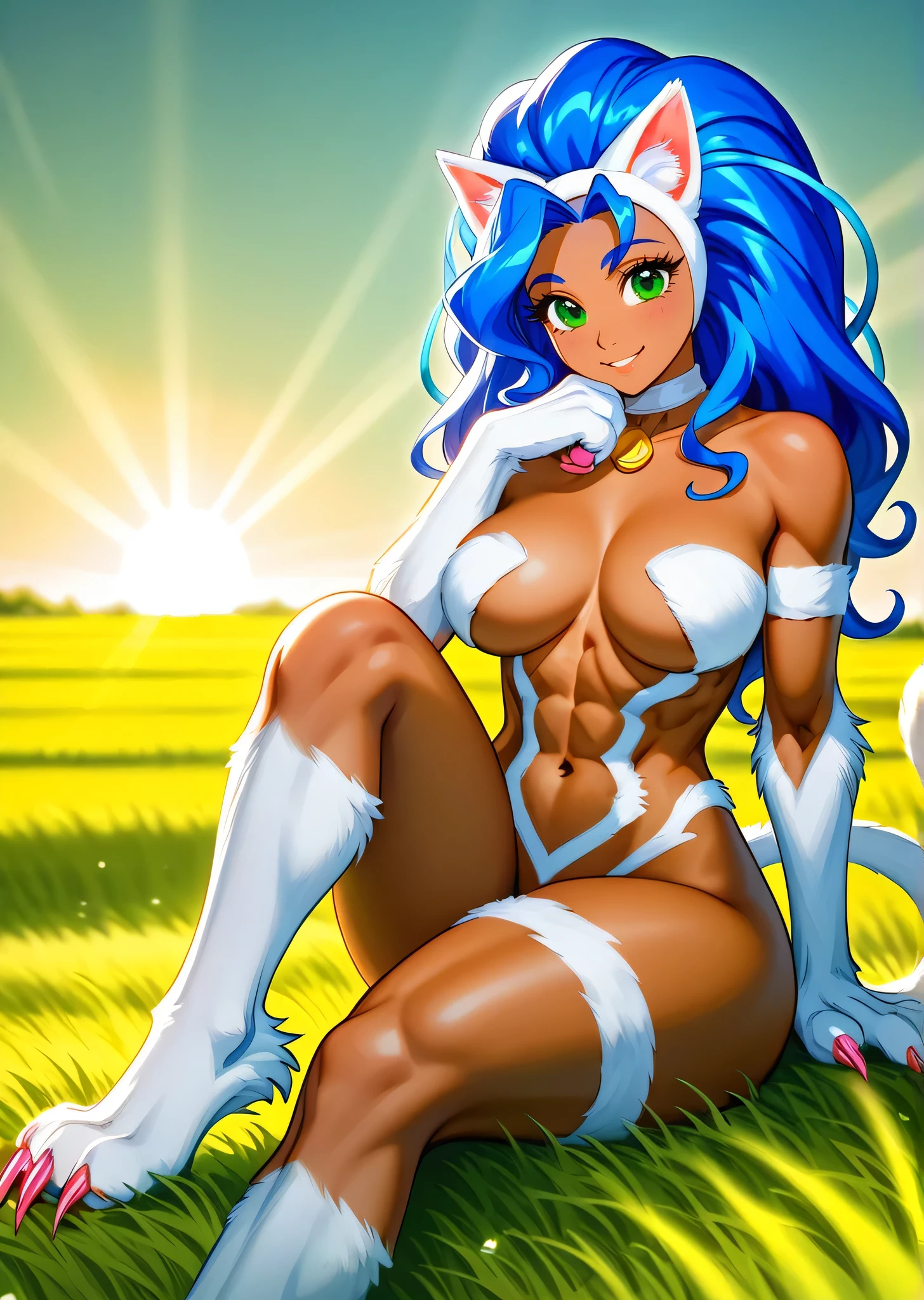 [felicia \(vampire\)], ((masterpiece)), ((HD)), ((high res)), ((solo portrait)), ((beautiful render art)), ((detailed soft shading)), ((intricate details)), {((athletic body), (dark skin), (cute green eyes), (long eyelashes), long messy blue hair, white cat ears, long white cat tail, (white fur on body), (large breasts), (curvy wide hips), (beautiful legs), (beautiful toned legs), (thick thighs), (defined abs), (pink claws), (beautiful paw feet), (cute smile)}, {(sitting on grass), (chin resting in hand), (looking at viewer), (bearing claws)}, [ambient lighting, grass plains, sun rays]