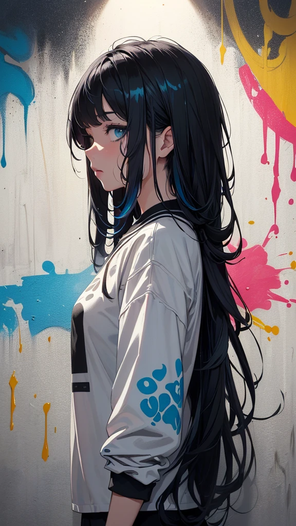 ((masterpiece))), (Intricate), 8k, Best Quality, (visual intensity: 1.5),multicolor background, Colorful theme, playing splatter paint, beautiful light, colored light particles, High contrast clothing, touches of color, wall paint colors, Intricate Details, Exposure Mix, HdR, (graffiti art), further_Details:0.5, ((((an area of the image On the left side gradually transitions into total black))), ((((on the right side of the composition, A girl full of color))), ((((colorful hair flowing like liquid paint)))), ((((The girl looks from the right side towards the center of the composition))), ((((On the left side, Black ink tentacles emerge and extend towards the center))), ((((The girl's expression shows a mix of fear and curiosity as she watches the approaching tentacles..))), The dim lighting highlights her features and the flow of her picturesque hair., creating an evocative contrast between the ((((light on the right side and shadows on the left)))), ((((The color palette should emphasize the darkness On the left side, while highlighting the vibrant tones of the liquid paint and the emotion on the girl's face on the right side)))), The general atmosphere should evoke a balance between mystery and intrigue, inviting whoever observes the image to enter this enigmatic scene,(((Girl looking left))),((((dynamic posture: 1.0), Girl on the right side, Scale to fit dimensions, rule of thirds))),