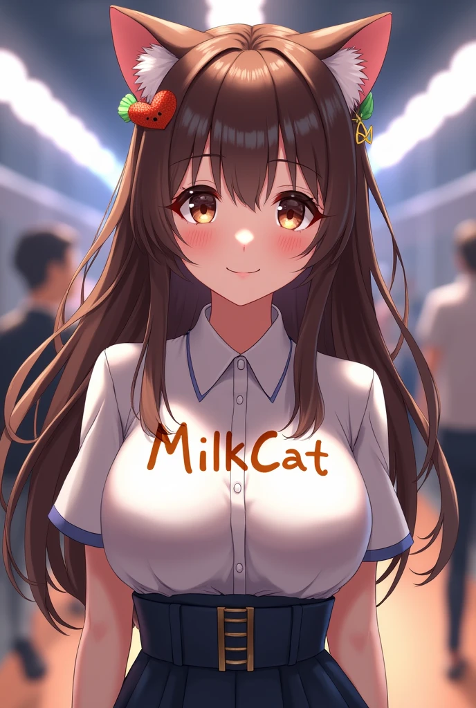 Girl with long brown hair , with bangs and brown eyes ,with a lot of bust and that is in a game arena in the grandstand corridor , com o nick "MilkCat" written on the blouse in anime style and with cat ears 
