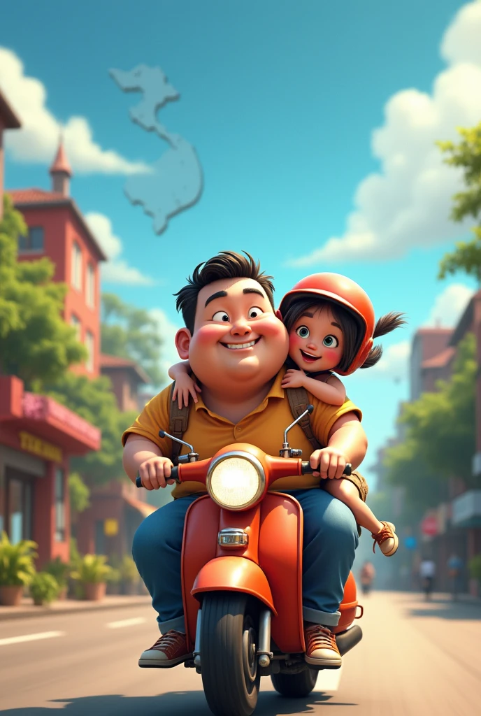 Fat guy carries his cute girlfriend on a motorbike wearing a helmet around Vietnam, Vietnam map in the sky PhotosAnimation