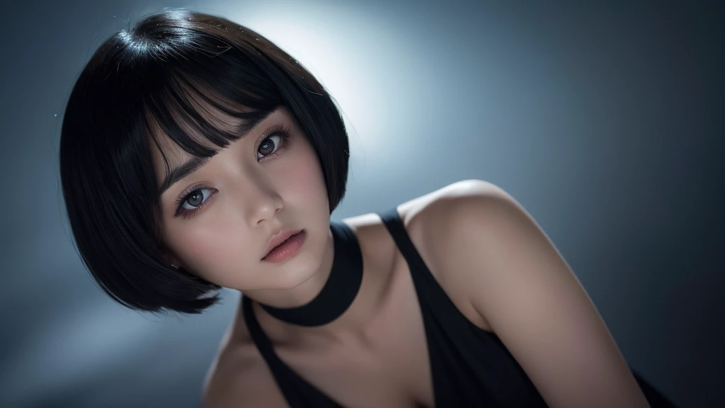 Delicate and dainty young woman with shiny bob-cut black hair . She is wearing black dress. The background is a fantastic and ethereal night sky that seems to be haunted by a specter. Her expression is stern and atmospheric. Angle from directly below.