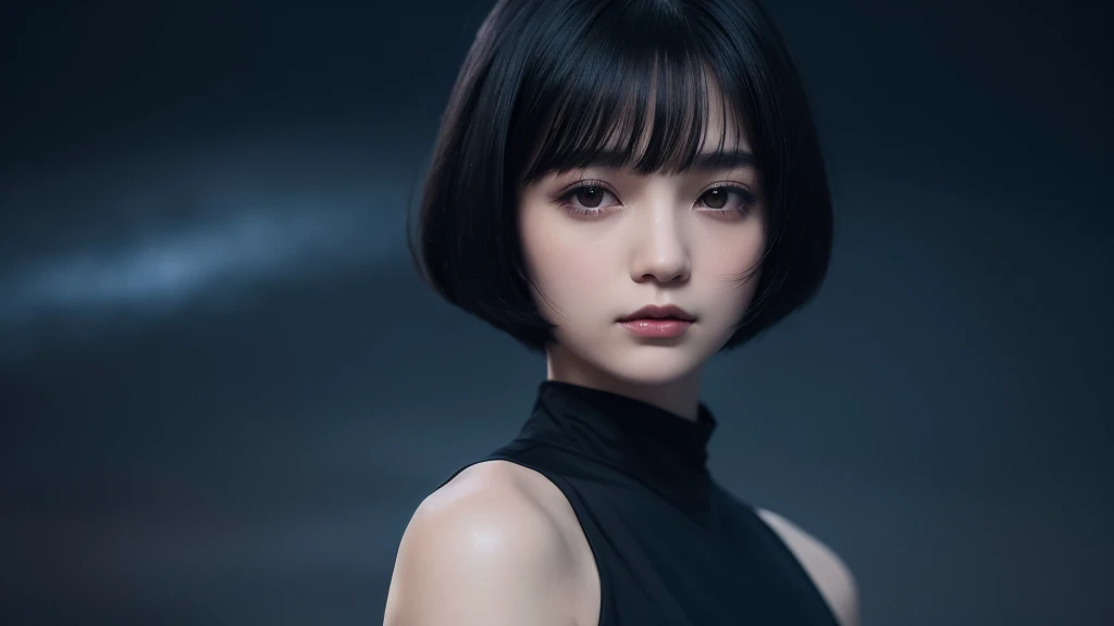Delicate and dainty young woman with shiny bob-cut black hair . She is wearing black dress. The background is a fantastic and ethereal night sky that seems to be haunted by a specter. Her expression is stern and atmospheric. Angle from directly below.