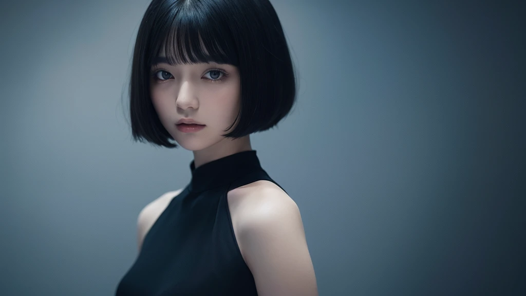 Delicate and dainty young woman with shiny bob-cut black hair . She is wearing black dress. The background is a fantastic and ethereal night sky that seems to be haunted by a specter. Her expression is stern and atmospheric. Angle from directly below.