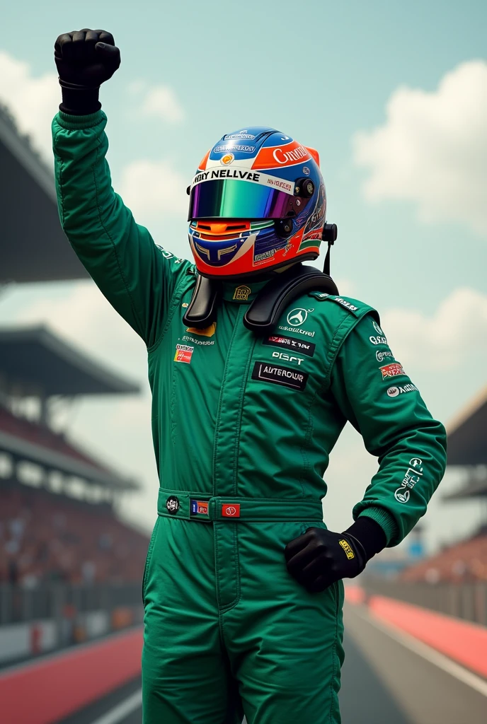 Formula 1 filipino racer with green suit with helmet celebrating