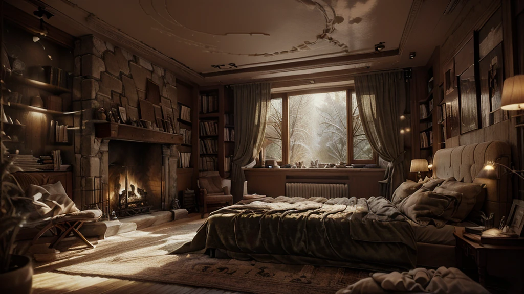 there is a bed with a stone headboard and a large door looking out to see the snow flying outside, the room is filled with books and has a TV, cozy room, cozy place, cozy bed, snow cave, cozy and quiet, cozy and peaceful atmosphere, very cozy, cozy environment, bedroom full of fire, cozy atmosphere, cozy bathroom hidden in the cave, cozy scene, cozy atmosphere, charming cozy scene, cozy atmosphere, there is an old stone fireplace, it is snowing outside, inside the cave is full of books and utensils, outside the light is dim inside the light is a bright fire, the door is very large can see the whole view outside