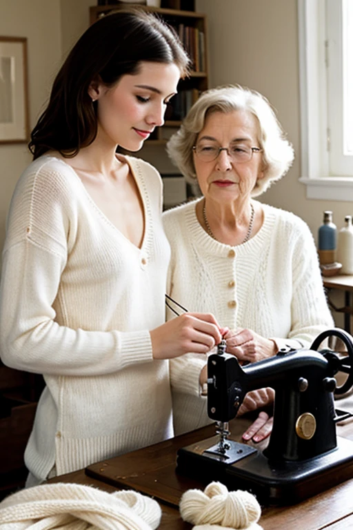 young, Beautiful, handsome, white, skinny, soft skin, beautiful face, shirtless, knitting clothes with a grandmother with an old sewing machine