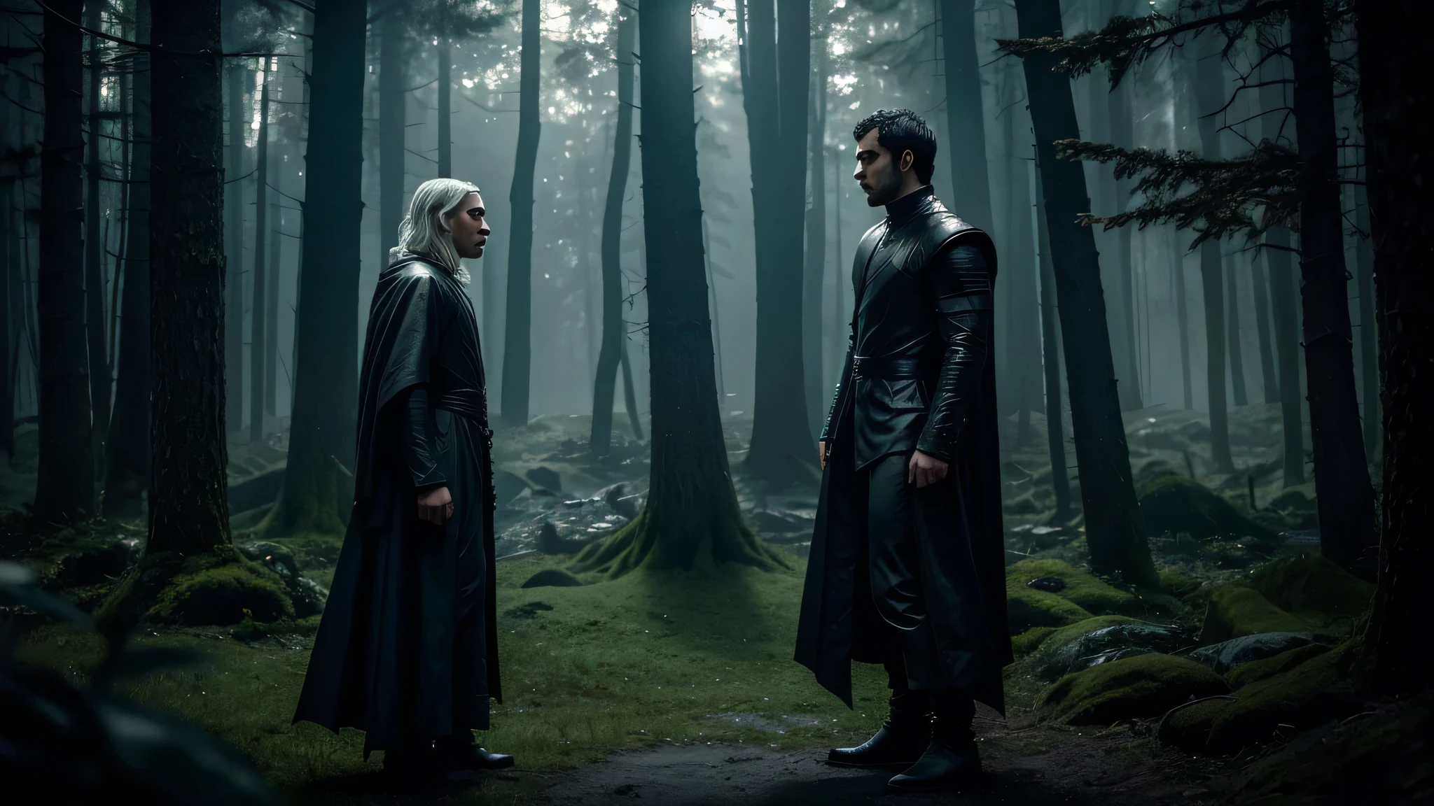 A dramatic scene where Daemon Targaryen encounters a mysterious figure in a dark forest, with an eerie green light softly illuminating the surroundings. Daemon Targaryen standing before a glowing figure in a forest, with an atmosphere filled with tension and ancient magic.