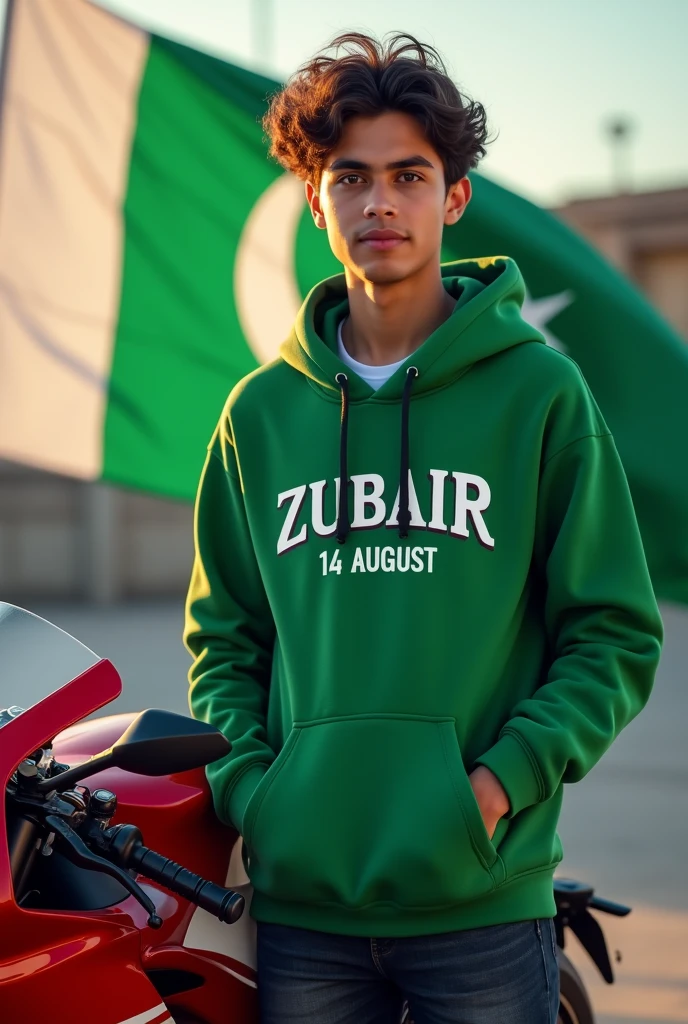 A cute 18 years old boy standing beside a green sports bike, wearing a green hoodie with the name 'Zubair' and 14 august written on it, with a Pakistan flag in the background with best long wavy hair style."