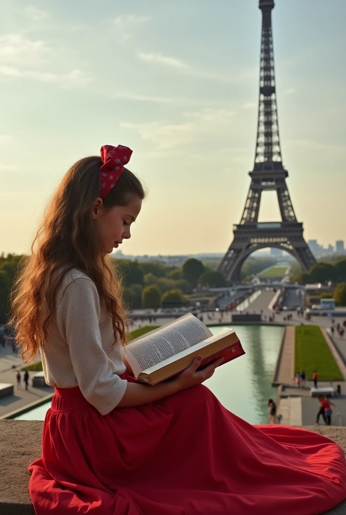 Create a girl reading a book in a red skirt, opposite the Eiffel Tower