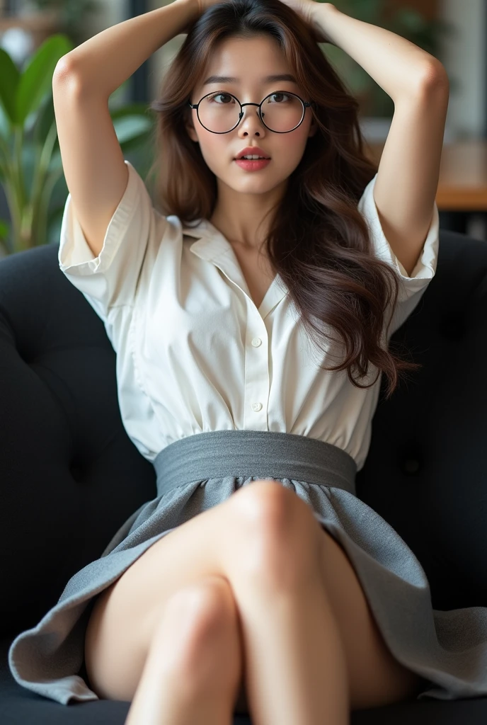 ((best quality, 8K, masterpiece: 1.3)), beautiful korean girl, pure, melon face, kind and cute, light smile, pure desire, slender body, (front), (tilted head), long brown wavy hair, windy hair, long flowing shoulders, round black big eyes, round glasses, clear big eyes, moist red lips, sweet, lie down on comfortable black sofa in cafe shop, blured background, bright lighting, open mouth, pleading eyes, ((((whole body)))), sexy slender legs, small firm breasts, lift your skirt, ((slim muscular body)), (M-legs:1.5), ((lifting you own skirt:1.5)), wearing white shortsleeve collar shirt, (open shirt:1.3), grey platted micro skirt, upskirt white panties, tilted head, (arms up, arms above head)