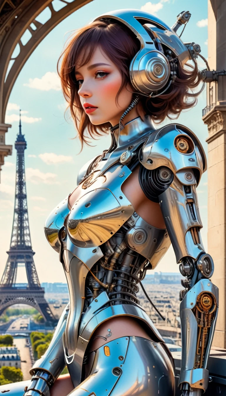 Intricate illustration in surrealist art style，mecha girl，french women, French Culture Style Cyborg, full background, View of the Eiffel Tower