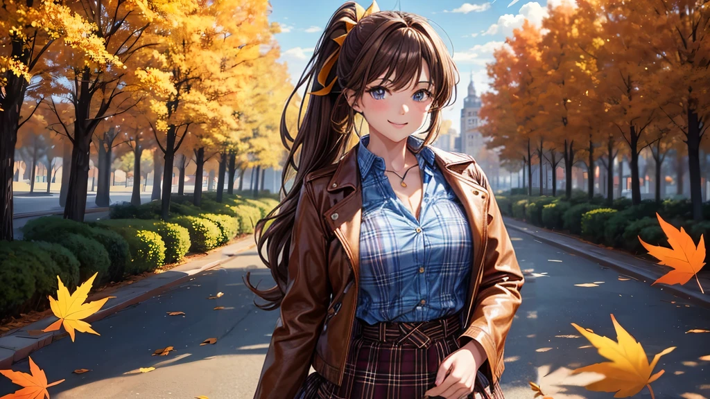 1girl, solo, trees, sun, clouds, autumn, colorful trees, falling leaves, ((brown hair)), ponytail, large breasts, ((brown leather jacket)), button down shirt, ((blue checked shirt)), ((unbuttoned shirt)), unbuttoning buttons, cleavage 1:3, blue eyes, long skirt, brown boots, smile, happy, looking at the viewer, walking, hair ribbon, golden necklate